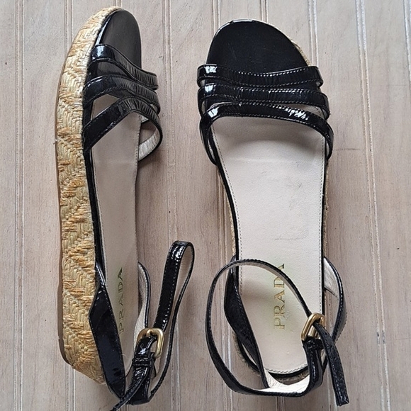 PRADA Black Patent Leather Espadrille Designer Platform Classy Strap Sandals - Picture 1 of 12